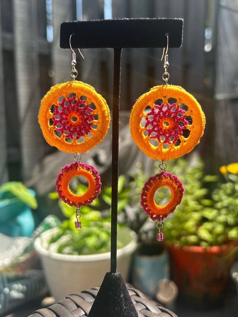 Handmade Orange & Pink Crochet Drop Earrings - Women Jewelry